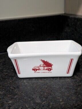 White Ceramic Holiday Serving Dish with Red Truck Motif